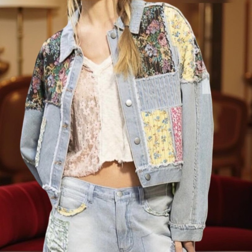 POL / Denim Boho Patchwork Denim Jacket With Stitching Detail New Boutique
